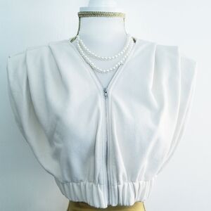 MABLE Cream Zip Up Pleated Padded Shoulder Crop Top